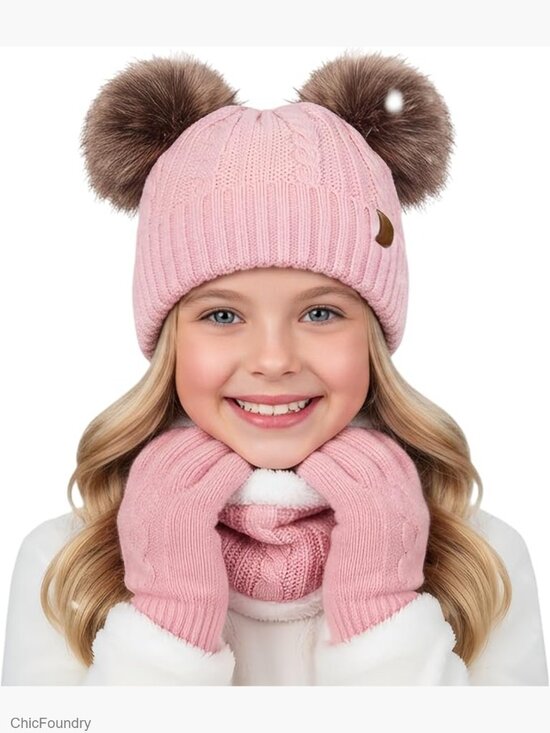 Other - Kids Winter Hat Gloves Scarf Set Knit Beanie Pompom Thermal Fleece Lined 3pc